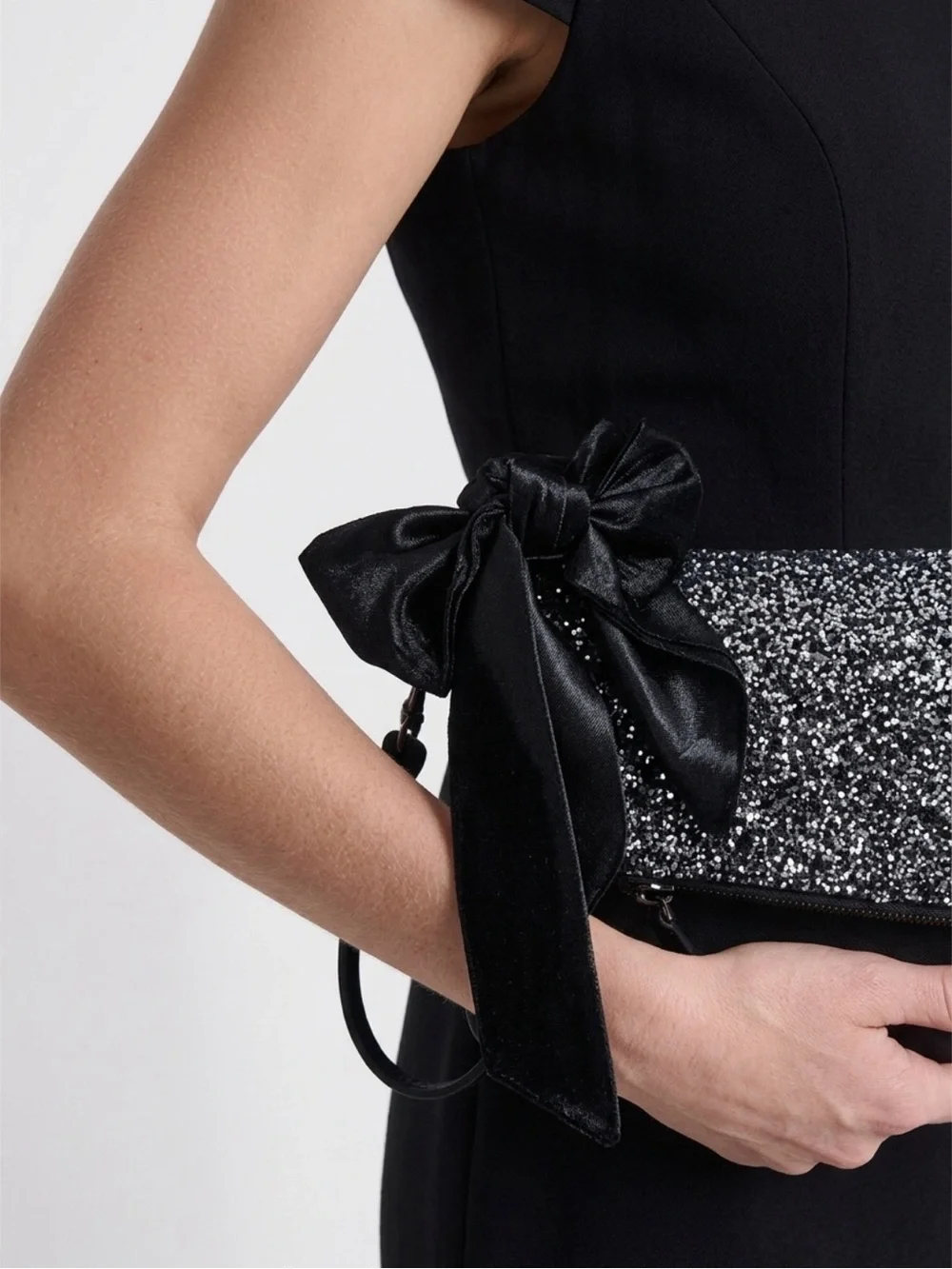 Elegant Black & Silver Shoulder Bag with Bow Accent